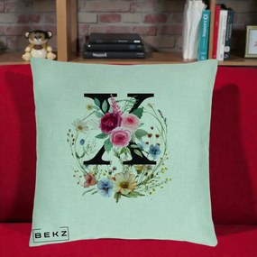 Cadou Personalizat - Perna Personalizata Monograma Florala Litera X cu Coroana, 40x40 cm, Verde Menta, Husa Detasabila, Perna Inclusa, BEKZ®