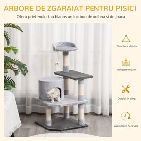 PawHut Copac pentru Pisici cu 3 Niveluri cu Soricel Gri, 48x48x100cm