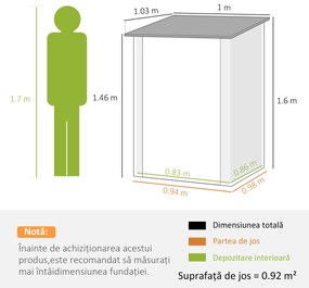 Outsunny Căsuță de Grădină din Tablă de Oțel, Magazie pentru Unelte de Exterior, 100x103x160 cm, Gri | Aosom Romania