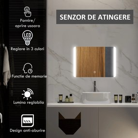 kleankin Oglindă Iluminată LED pentru Baie, Oglindă de Machiaj Reglabilă, 70x50 cm, Eleganță și Funcționalitate | Aosom Romania