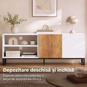 HOMCOM Comodă TV cu Rafturi Reglabile și Ușă Soft-Close, PAL și Oțel, 140x36,5x50 cm, Alb și Stejar | Aosom Romania