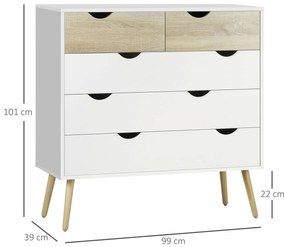 HOMCOM Comodă 5 sertare design scandinav mobilier depozitare cameră placă particule 99 x 39 x 101 cm alb aspect stejar deschis | Aosom Romania