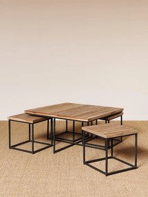 Măsuță de cafea cu scaune, pătrată, din lemn de tec, natur, set cu 4 taburete și cadru din metal negru, 40 x 90 x 90 cm, „Pocket”