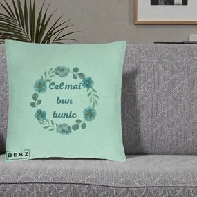 Cadou pentru Bunic - Perna Personalizata Cel Mai Bun Bunic Coronita Flori Albastre Teal, 40x40 cm, Verde Menta, Husa Detasabila, Perna Inclusa, BEKZ®