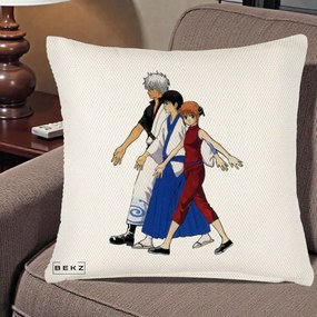 Perna Personalizata Gintama Trio Gintoki Shinpachi Kagura, 40x40 cm, Crem Reliefat, Husa Detasabila, Perna Inclusa, BEKZ®
