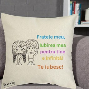 Cadou pentru Frate - Perna Personalizata Fratele Meu Te Iubesc Copii Anime Colorat, 40x40 cm, Ecru, Husa Detasabila, Perna Inclusa, BEKZ®