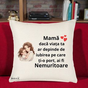 Cadou pentru Mama - Perna Personalizata Mama Nemuritoare cu Balon Inima, 40x40 cm, Crem Reliefat, Husa Detasabila, Perna Inclusa, BEKZ®