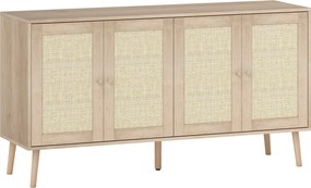 HOMCOM Bufet pentru living, mobilier de depozitare cu uși cu împletitură (cannage) și poliță reglabilă 140 x 40 x 75 cm, aspect lemn natural | Aosom Romania