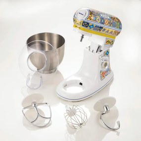 Mixer planetar Ariete Positano 1588/0P, 2400W, 5.5 L, 7 viteze, Pulse, Design retro, Accesorii, Alb/Galben