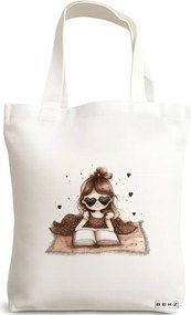 Sacosa de Panza pentru Cumparaturi, Geanta Tote, model Bookish girlie 38 x 34.5 cm, Alba, BEKZ®