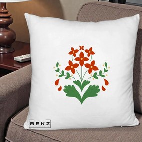 Perna Decorativa Buchet Floral Folk Rosu-Verde, 40x40 cm, Alb Pufos, Husa Detasabila, Perna Inclusa, BEKZ®