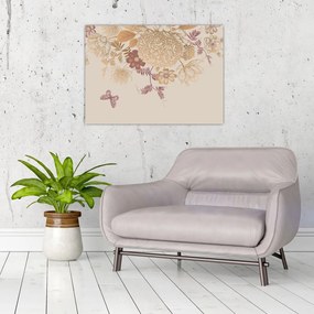 Tablou pe sticlă - Vintage, flori și fluturi (70x50 cm)