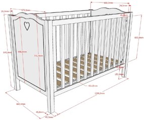 Pătuț Bebeluși AMORI, 60x120 cm, Alb (Pin Masiv și MDF), Design Romantic – Vipack