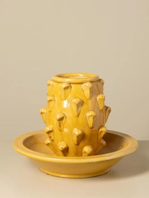 Set vază și farfurie din ceramică artizanală galbenă cu detalii sculptate în relief, finisaj lucios, 24×30 cm, „Soleil"