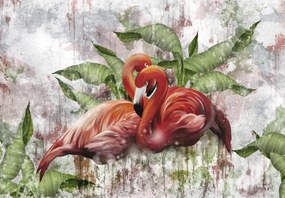 Fototapet - Flamingo pe zid de beton (147x102 cm)