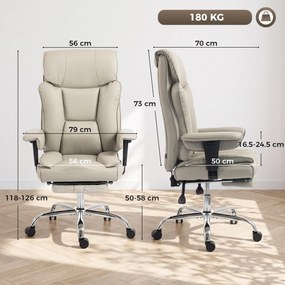 HOMCOM Scaun de Birou Rotativ Rabatabil 135°, Piele Ecologică, Suport pentru Picioare, Cotiere și Înălțime Reglabile, Gri Deschis | Aosom Romania
