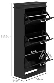 HOMCOM Dulap pentru Depozitarea Pantofilor cu 3 Sertare Rabatabile pentru 15 Perechi de Pantofi, 54x24x117,5 cm, Negru | Aosom Romania