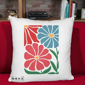 Perna Decorativa Flori Grafice Rosu-Albastru, 40x40 cm, Alb Pufos, Husa Detasabila, Perna Inclusa, BEKZ®