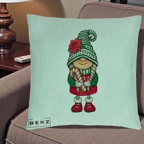 Perna Decorativa Gnom Craciun Verde cu Bomboane si Floare, 40x40 cm, Verde Menta, Husa Detasabila, Perna Inclusa, BEKZ®