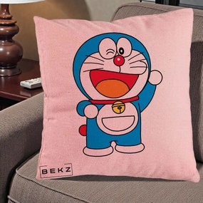 Perna Personalizata Doraemon Salutand, 40x40 cm, Roz, Husa Detasabila, Perna Inclusa, BEKZ®