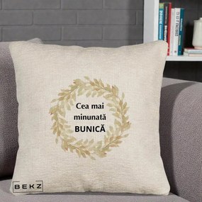 Cadou pentru Bunica - Perna Personalizata Cea Mai Minunata Bunica Coronita Frunze Acuarela, 40x40 cm, Bej Canapea, Husa Detasabila, Perna Inclusa, BEKZ®