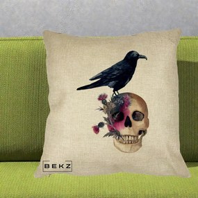 Perna Decorativa Craniu cu Corb si Flori Gothic, 40x40 cm, Crem, Husa Detasabila, Perna Inclusa, BEKZ®