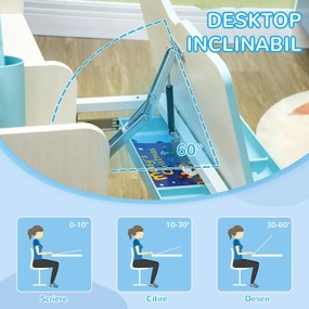 HOMCOM Set Birou și Scaun pentru Copii Reglabile, Inclinabilă la 60° cu Sertar, Rafturi și Suport, 3+ Ani, Albastru | Aosom Romania