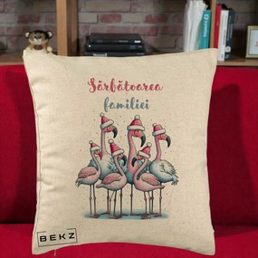 Perna Decorativa Flamingo Craciun Sarbatoarea Familiei, 40x40 cm, Bej, Husa Detasabila, Perna Inclusa, BEKZ®