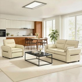 HOMCOM Divan 2 Locuri Imbottit din Piele Sintetică cu Bord Contrastant, Divan Living cu Perne Groase, 2 Perne Detasabile și Lavabile, Brațe și Buzunare Laterale, 136x81x90 cm, Bej | Aosom Romania