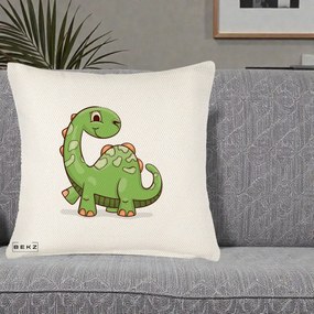 Perna Decorativa Brontosaur Verde Simpatic, 40x40 cm, Crem Reliefat, Husa Detasabila, Perna Inclusa, BEKZ®