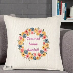 Cadou pentru Bunica - Perna Personalizata Cea Mai Buna Bunica Coronita Flori Multicolore, 40x40 cm, Crem Reliefat, Husa Detasabila, Perna Inclusa, BEKZ®
