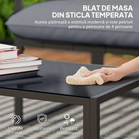 Outsunny Set Mobilier de Exterior cu Măsuță din Sticlă, Canapea, 2 Fotolii și Perne, Gri | Aosom Romania