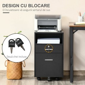 Vinsetto Comodă de Birou cu 2 Sertare și Raft Deschis, Mobilier cu 5 Rotile, Încuietoare și 2 Chei, 39x40x65 cm, Negru | Aosom Romania