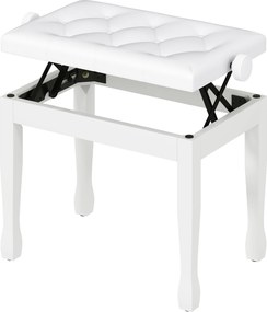 HOMCOM Banchetă de pian, banchetă pentru claviatură cu înălțime reglabilă din lemn masiv, șezut căptușit, 64 x 35 x 45-55 cm, alb | Aosom Romania