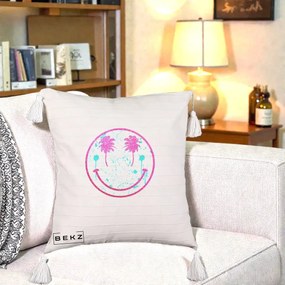 Perna Decorativa Smiley Face Tropical Glitter Roz, 40x40 cm, Bej cu Franjuri, Husa Detasabila, Perna Inclusa, BEKZ®