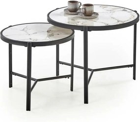 Set 2 masute cafea FATIMA, alb cu efect de marmura/negru, ceramica/met