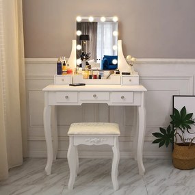 Set Henrieta, Masă de toaletă cu oglindă iluminată LED, control touch, 5 sertare, scaun, Alb,