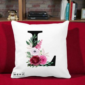 Cadou Personalizat - Perna Personalizata Monograma Florala Litera L, 40x40 cm, Alba Mata, Husa Detasabila, Perna Inclusa, BEKZ®