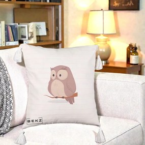 Perna Decorativa Bufnita Kawaii pe Creanga, 40x40 cm, Bej cu Franjuri, Husa Detasabila, Perna Inclusa, BEKZ®