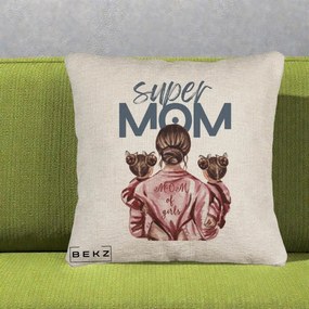 Cadou pentru Mama - Perna Personalizata Super Mom of Girls Mama cu Gemene, 40x40 cm, Bej Canapea, Husa Detasabila, Perna Inclusa, BEKZ®