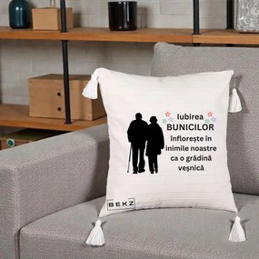 Cadou pentru Bunici - Perna Personalizata Bunicii Iubirea Infloreste Silueta Neagra Flori, 40x40 cm, Bej cu Franjuri, Husa Detasabila, Perna Inclusa, BEKZ®