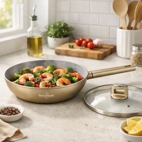Tigaie wok cu capac Swiss Haus Speiez Castle SH-SCW28CH, 4,2 l, 28 cm, Acoperire ceramica Sapphire, pentru toate plitele inclusiv inductie, Sampanie
