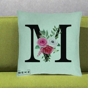 Cadou Personalizat - Perna Personalizata Monograma Florala Litera M cu Trandafiri si Anemona, 40x40 cm, Verde Menta, Husa Detasabila, Perna Inclusa, BEKZ®