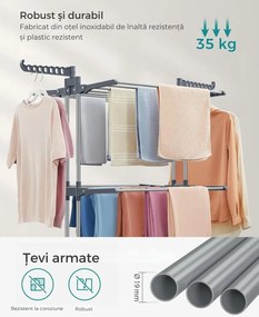 Uscător de rufe ELTON cu 4 niveluri pe roți, 63,5x128x173cm, gri SongmicsHome