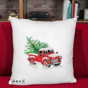 Perna Decorativa Camioneta Rosie Brad de Craciun, 40x40 cm, Alb Pufos, Husa Detasabila, Perna Inclusa, BEKZ®