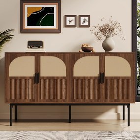 Bufet modern cu ratan, cu 4 uși și mult spațiu de depozitare, design retro-natural, 140x40x80 cm, Culoare naturală