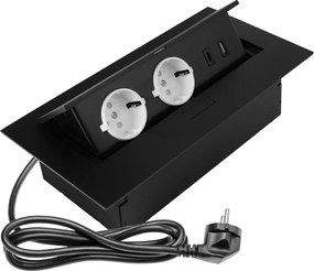 Priză încorporabilă în blat GTV, 2 prize Schuko, USB A + C, negru, 265 x130 mm L:265 mm; l:130 mm; H:110 mm, Aluminiu/ plastic, Negru