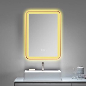 Oglindă LED Dreptunghiulară (50x70 cm), 3 Moduri Iluminare (Lumină Rece, Naturală, Caldă), Intensitate Reglabilă, Funcție Dezaburire, Ramă Aluminiu, Control Tactil (Touch)