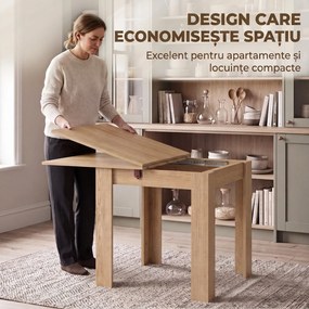 HOMCOM Masă de Dining Pliabilă pentru 4 Persoane, Rabatabilă cu Ghidaje din Oțel, PAL, 140x70x77 cm, Stejar | Aosom Romania