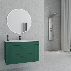 Set dulap baza suspendat verde cu 2 sertare Drop Lines Athena si lavoar alb 80 cm